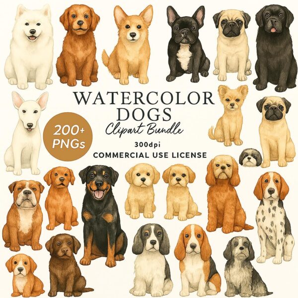 Watercolor Dog Clipart Bundle - 200+ Holiday Pet PNGs | Digital Download